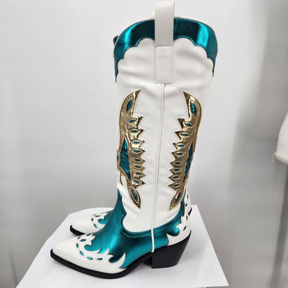 AZALEA WANG Apolline White Tall Cowboy Boots Turquoise & Gold Accents 6-10 NIB - Picture 7 of 12